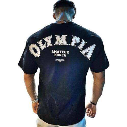 OLYMPIA Cotton Gym Shirt Sport T Shirt Men Short Sleeve Running Shirt Men Workout Training Tees Fitness Loose large size M-XXXL