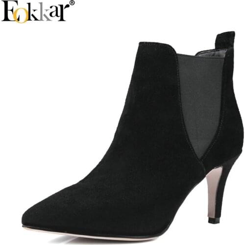 Eokkar 2020 Classic Pointed Toe Ankle Boots Women High Heel Slip On Office Lady Winter Shoes Thin Heels Black Boots Size 34-43