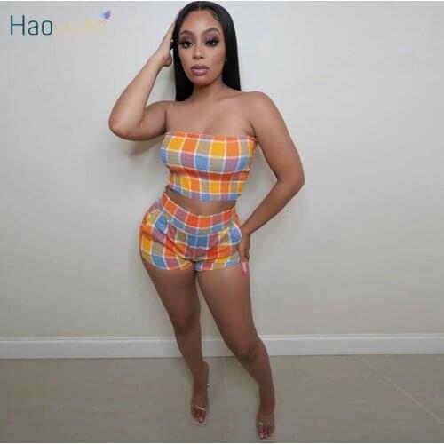 HAOYUAN Plaid Two Piece Set Strapless Crop Top Biker Shorts Summer Clothes for Women Cute Outfits Sexy Loungewear Matching Sets