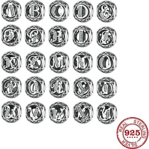 Round 925 Sterling Silver Hollow A B C D E J M Letters White Zirconia DIY fine beads Fit Original Pandora Charm Bracelet Jewelry