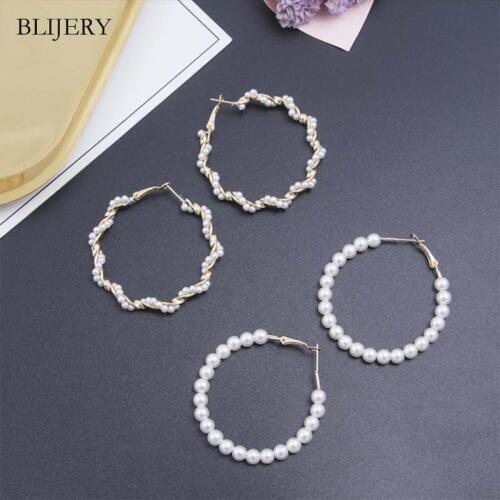 BLIJERY Korean Trendy Metal Pearl Beads Hoop Earrings for Women Personality Statement Big Circle Earrings Femme Brincos Jewelry