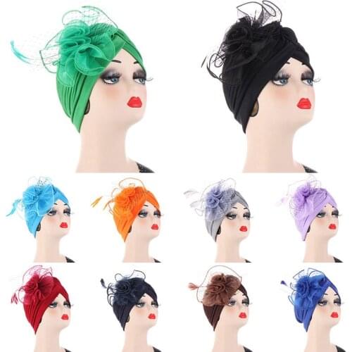 Fashion Flower Feather Turban Hat Women Muslim Beanies Cap India Cap Under Scarf Bonnet Head Cover Islamic Women Hair Accessorie
