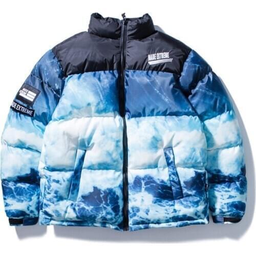 Men Winter Parkas Jackets Wave 3D Print Hip Hop Padded Jacket Coat Color Block Streetwear