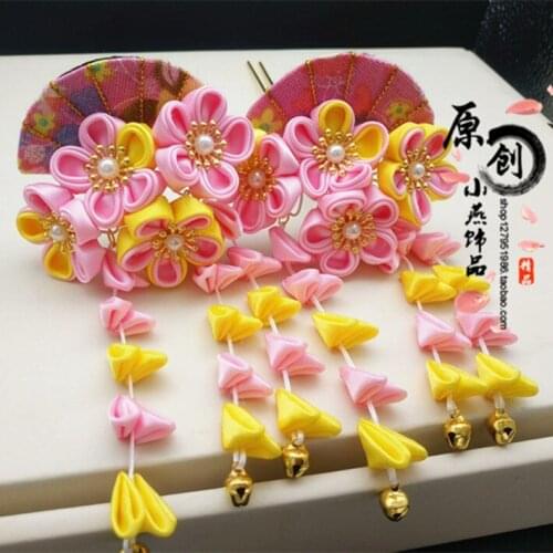 Soft Girl Ancient Costume Kimono Cosplay Sakura Fan Tassel Headdress Accessories Hairpin Tsumami Zaiku Yukata Barrettes Kanzashi