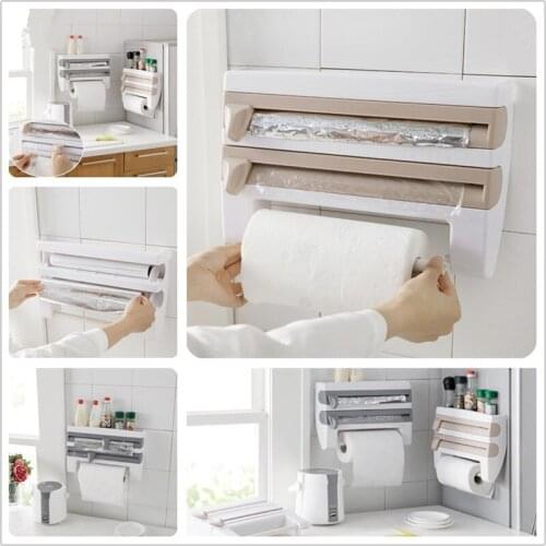 Wall-Mount Paper Towel Holder Sauce Bottle Rack Cling Film Cutting Holder Mutifunction Kitchen Organizer