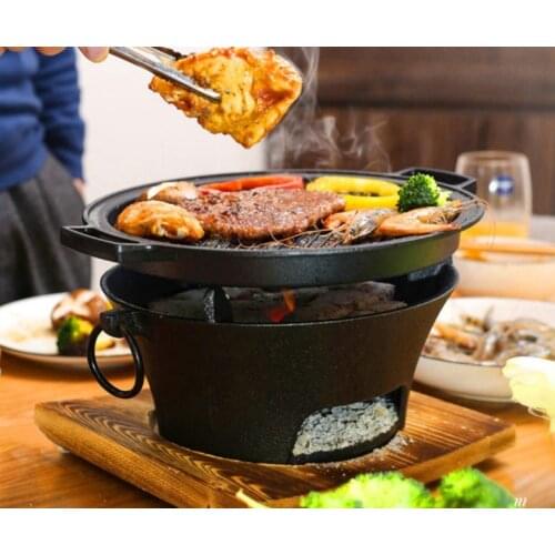 Portable cast iron charcoal bbq grill barbecue grills table top BBQ hot pot stove Chinese retro style heating stove Aluminum pan
