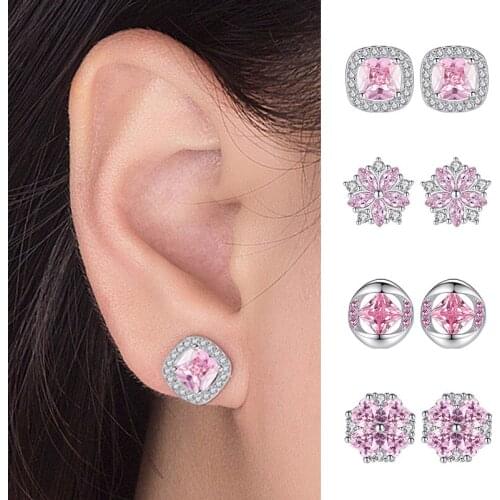 Women Cute Romantic Pink Stud Earrings Zircon Crystal Geometric Small Engagement Earring Studs for Girls Lovely Ear Jewelry
