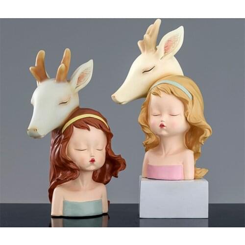 NORDIC DEER GIRL ART SCULPTURE ANIMAL CHARACTER FIGURINE RESIN CRAFTS CREATIVE HOME DECORATION R5012