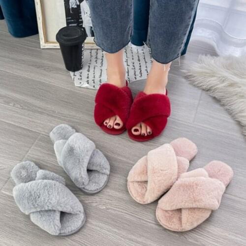 Winter Women House Open Toe Slippers Faux Fur Warm Flat Shoes Female Slip on Home Furry Ladies Slides Non-slip Indoor Bedroom