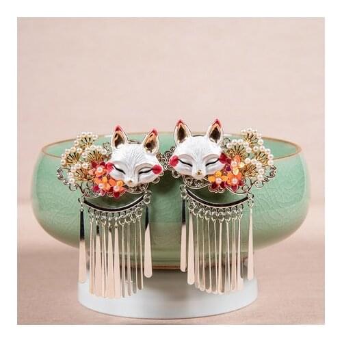 Vintage Cute Fox Shadow Pine Branch Antiquity Hair Clip Cosplay Handwork Lolita Kimono Tassel Hairpin Hanfu Kanzashi Headdress