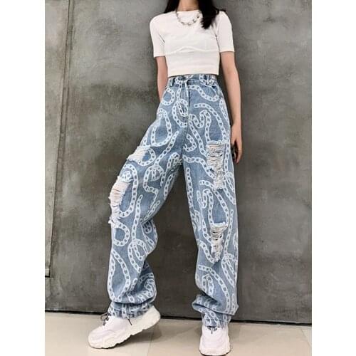 Street Style High Waist Wide Leg Jeans Womens 2021 Spring New Hole Blow Dry Mop Straight Pants Womens Fashion