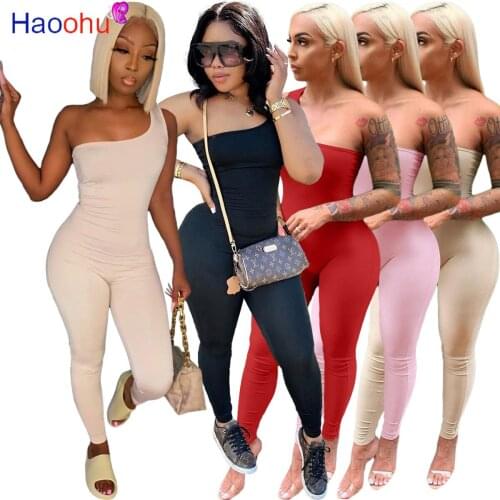 HAOOHU Women Jumpsuit Solid Sleeveless One-shoulder Sheath Elastic Full Length Jumpsuits Female High Street Clothing Summer