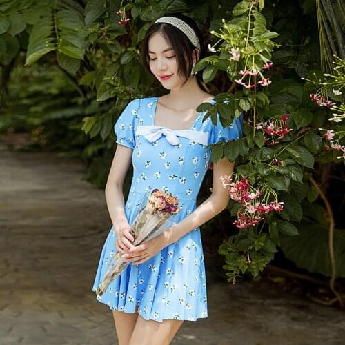 Swimsuit Female 2021 Onepiece Swimwear With Dress Sweet Mayo Sexy Vintage Korean One Piece Swim Suits Swimwear Women Blue Floral