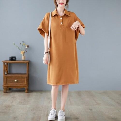 Women Summer Cotton Casual Dress New 2021 Simple Style Turn-down Collar Solid Color Loose Female Knee-length Dresses B477