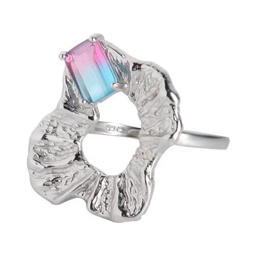 Authentic S925 Sterling Silver Open Ring Simple and versatile irregular colored zircon Finger For Women Elegant Silver Jewelry