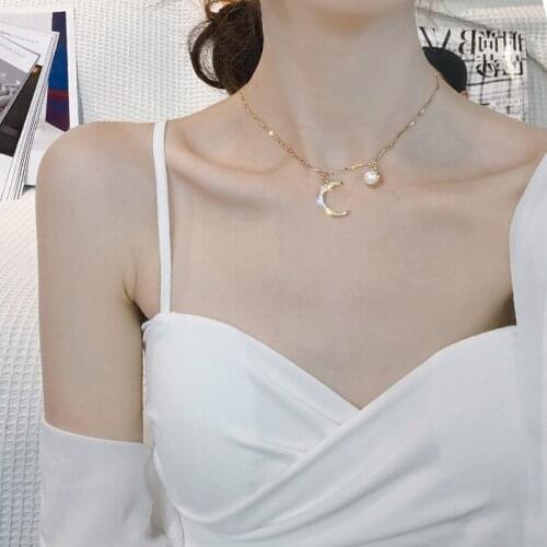 2020 New Korea Fashion Simulated Pearl Choker Necklace Cute Moon Chain Pendant For Women Jewelry Girl Gift
