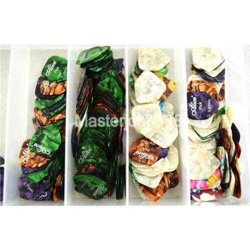 600pcs Alice Small Pentagon 0.46/0.71/0.81mm Colorful Pearl Celluloid Electric/Acoustic Guitar Picks Plastic Box Wholesale