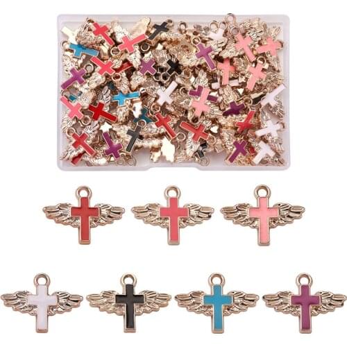 70pcs Plastic Enamel Pendants Religion Cross with Wings Charms For DIY Handmade Earrings Necklace Jewelry Findings Accessories