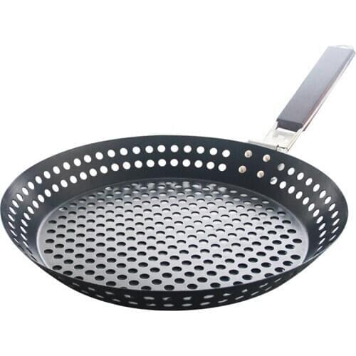 Non-stick Metal Barbecue Skillet with Folding Wooden Handle BBQ Pan with Holes Grilling Pans Grill Accessories Cooking Tools