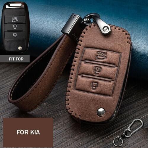 Top Layer Genuine Leather Car Flip Remote Key Fob Cover Case Bag Holder With Keychain For Kia Optima Picanto Rio Sleeve