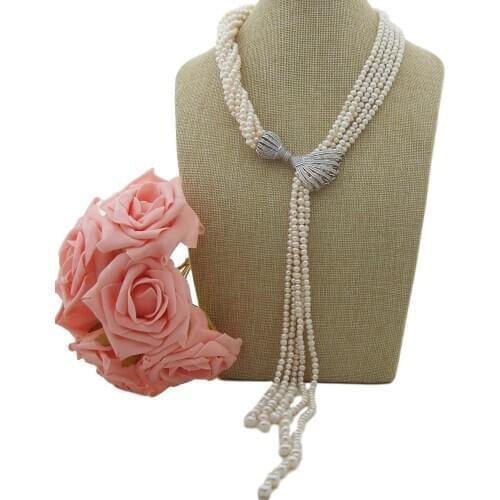 YYGEM 8 Strands Freshwater Cultured White Pearl Long lariat Sweater chain Necklace 20"