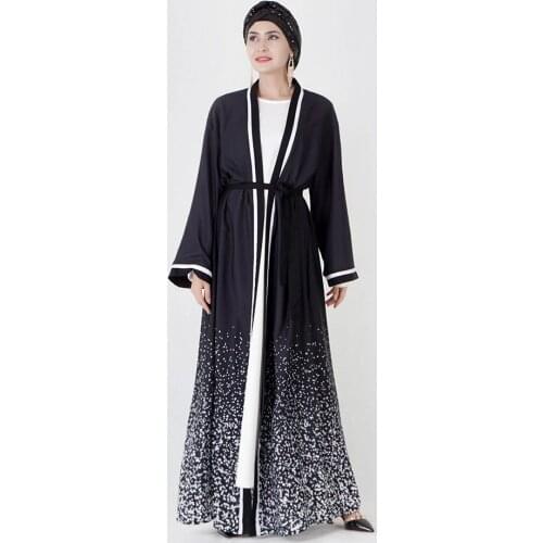 Dubai Arabian Gradient Color Positioning Printing Border Muslim Womens Cardigan Robe Without Turban Abaya Kimono Morocco Jlaba