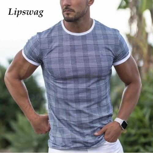 Vintage Plaid Printing Slim T Shirt Men Casual Short Sleeve Tee Shirts Summer Mens Fashion O-Neck Pullover Tops 2021 Streetwear