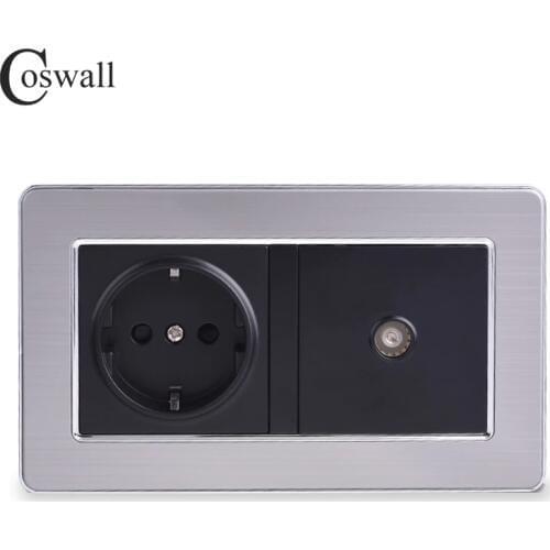 COSWALL 16A Russia Spain EU Standard Power Socket Grounded With Female TV Jack Stainless Steel Brushed Panel Wall Outlet