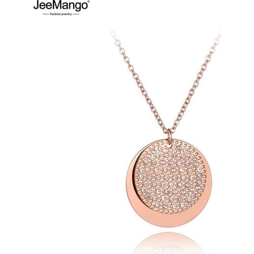 JeeMango Bohemia Stainless Steel Double Disc Crystal Pendant Necklaces For Women Trendy Sweater Chian 27" Long Necklace JN19159