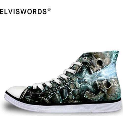 ELVISWORDS Men High Top Sneakers Cool Punk Skull Printed Vulcanized Shoes Lace-up Breathable Casual Mens High-top Canvas Shoes