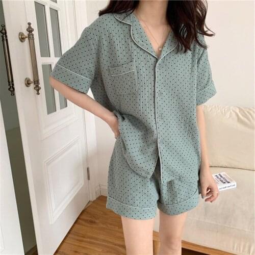Summer Pajamas Women New Cotton Gauze Sleepwear Set Small Fresh Home Service Short-Sleeved Cardigan Pyjamas Suit Female