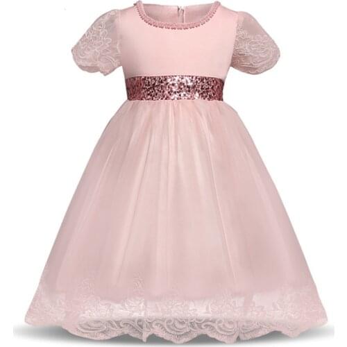 Cute 2021 New Design Short Sleeves Knee Length Lace Pink Princess Wedding Party Flower Girl Dresses Birthday Party Dress