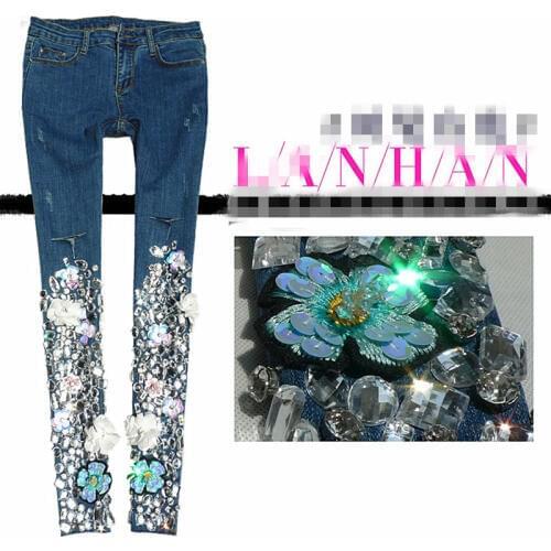 Fashion Beaded Embroidered Diamond Drilled Jeans Women autumn mid waist Rhinestone Pencil jeans