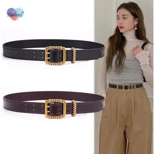 Genuine Cowhide Leather Belt Women Fashion Copper Buckle Classical Simple High-End Wearing Accessory