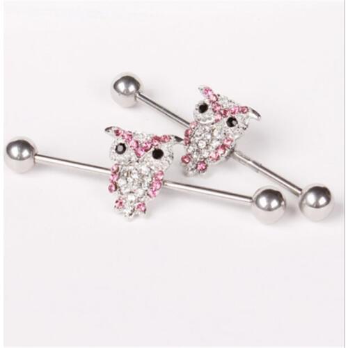 New Arrival Stainless Steel Ear Bone Piercing Animal Pink Owl Stus Earring Body Jewelry Crystal Ear Tunnel Bar Lip Studs Gifts