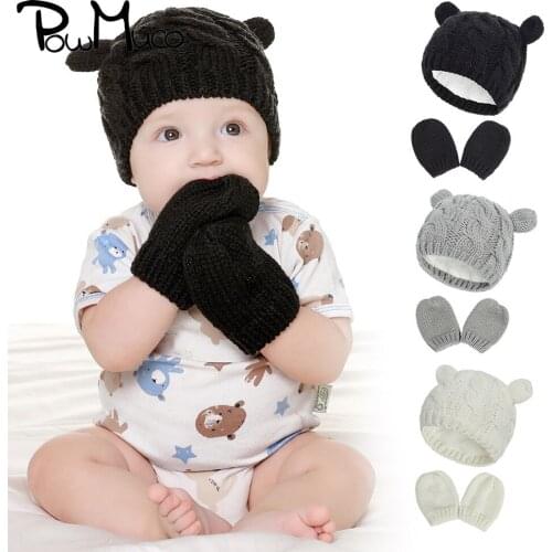 Powmuco Solid Color Handmade Knitted Wool Hat and Glove Set Cute Bunny Ears Infant Caps Winter Warm Baby Girls Accessories
