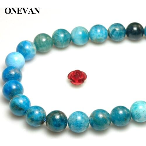 ONEVAN Natural Blue Apatite Beads Crystal Smooth Round Loose Stone Diy Bracelet Necklace Jewelry Making Gemstone Design
