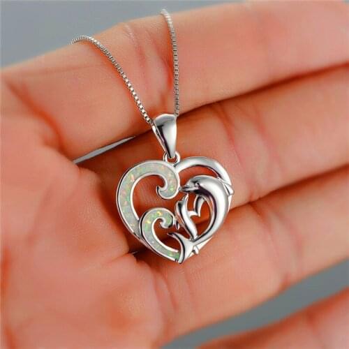 Cute Women Big Dolphin Wave Heart Pendant Necklace Boho White Blue Opal Necklaces Vintage Silver Color Wedding Jewelry