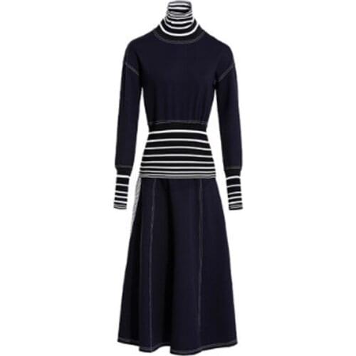 PERHAPS U Navy Turtleneck Long Sleeve Knitted Maxi Dress Autumn Winter Elegant Elastic Waist D1318