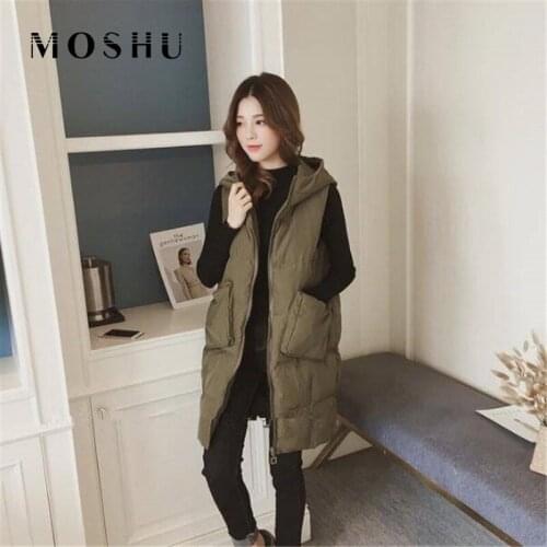 Long Down Jacket Women Puffer Vest Sleeveless Hooded Winter Coat with Pocket Loose Women Bodywarmer chaleco mujer Black Gilets