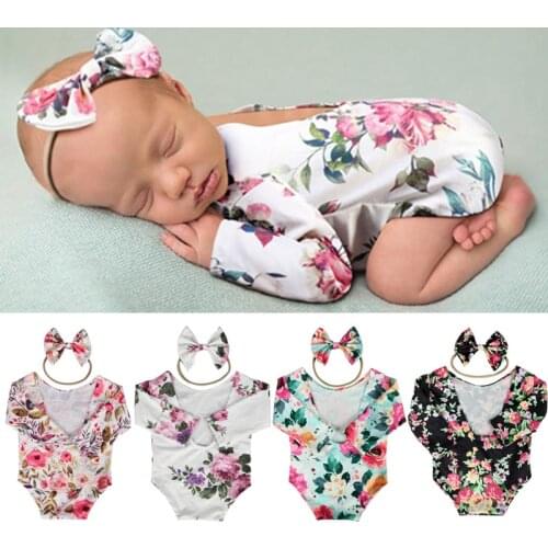 Newborn Photography Props Baby Floral Hollow Open Back Romper Headband Outfits Infants Studio Photo Shooting Outfits