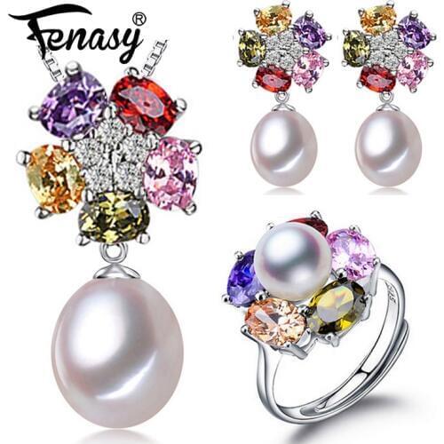 FENASY pink crystal Pearl Jewelry Sets flower s925 sterling silver Pearl Earrings ring Pendants for women party anniversary gift