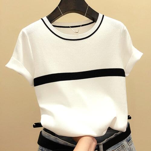 Thin Knitted Sweater Women Clothes 2021 New Arrival Summer Short Sleeve Woman Pullover Striped Slim Casual Clothes Pull Femme