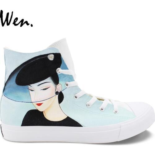 Wen Custom Hand Painted Original Design Shoes Classic Beautiful Lady High Top Women Canvas Sneakers Female Rope Soled Shoes