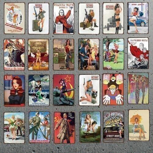 Vintage Russian Cartoon Plaque Iron Painting Pin Up Sexy Girl Tin Sign Pub Cafe Shop Home Wall Decor Stickers Metal Plate Poster