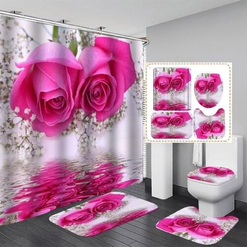 Pink Rose Waterproof Shower Curtain Bathroom Mat Set Toilet Lid Cover Rugs Anti Slip Shower Carpets Set Shower Room Floor Mats