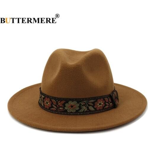 BUTTERMERE Women Men Wool Fedora Hat Lady Winter Autumn Wide Brim Jazz Church Panama Sombrero Cap Woolen Vintage Trilby Hat