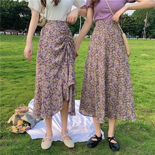 Spring Summer 2021 New Drawstring Floral Skirt Women Purple Gentle Female Fishtail Skirt High Waist Mid Length A-Line Skirts