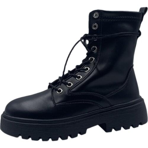 Womens Boots Goth Platform Shoes Leather Ankle Boots Lace Up Buckle Strap Woman Shoes Winter Combat Boots