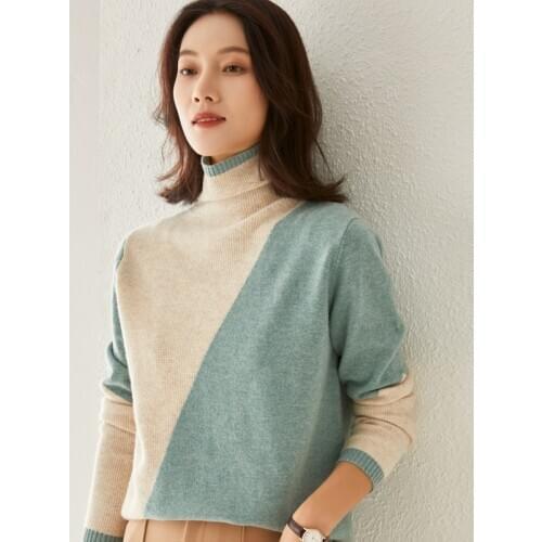 Womens 2020 New High-Neck Color-Blocking Cashmere Knit Sweater 100%Wool Top Large Size Wild Thick Autumn Winter Pullover Shirt